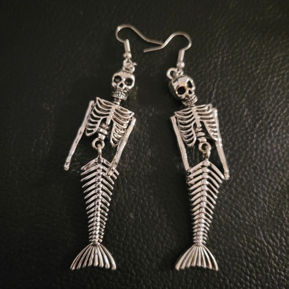 Gothic mermaid skeleton earrings with moving arms & tail